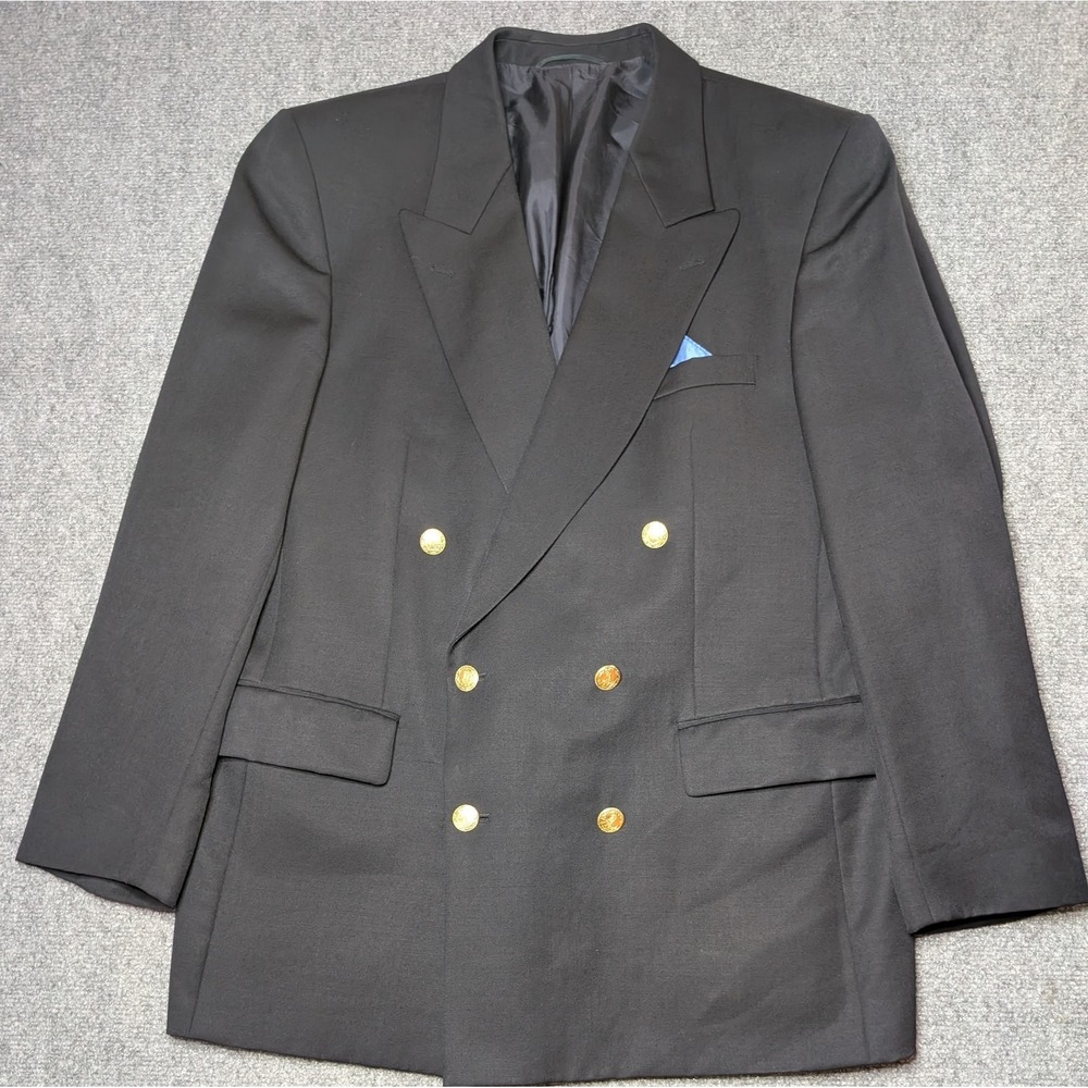 Vtg Roy Robson 100% Wool Black‎ Double Breasted Blazer 52 Regular Gold Buttons